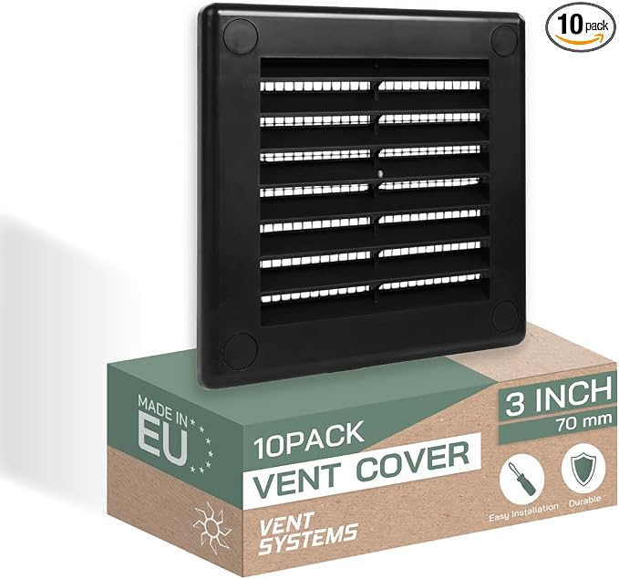 3" x 3" Inch (Opening Dimensions) - Pack of 10 - Plastic Black Soffit Vent Cover - Flat Square Air Vent Grille