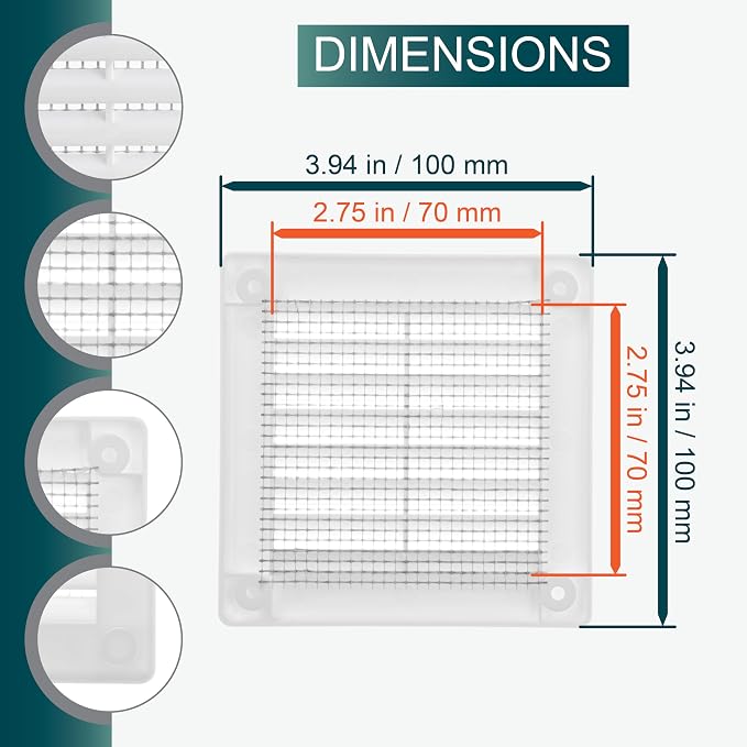 3'' x 3'' Inch Opening Measurement / White Square Vent External Grille with Protective Mesh - Lightweight Plastic Register /