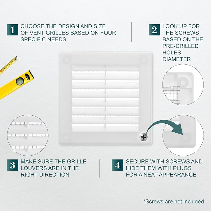 3'' x 3'' Inch Opening Measurement / White Square Vent External Grille with Protective Mesh - Lightweight Plastic Register /