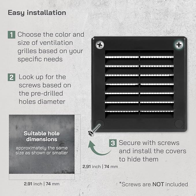 3" x 3" (Opening Dimensions) Black Plastic Soffit Vent Cover - Durable Flat Square Air Vent Grille with Mesh, alternate view