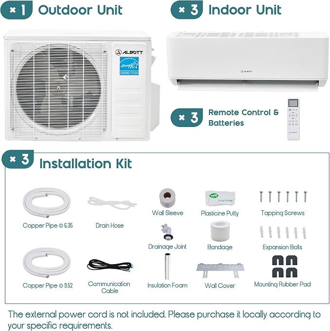 3 Zone Mini Split AC System, 9K+12K+12K BTU, Three Zone Mini Split Air Conditioner with WiFi Control, Cools Up to 1500 Sq.Ft