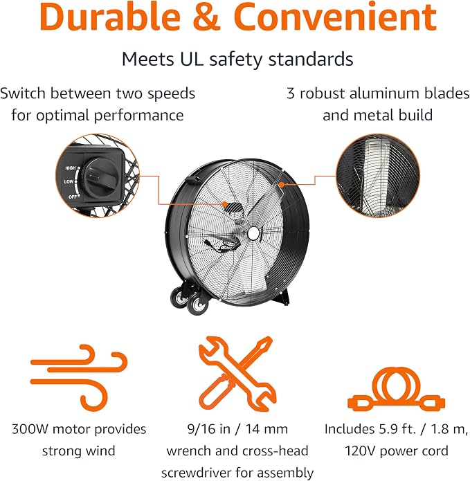 30" 300W High-Velocity Heavy-Duty Industrial Drum Fan for Cooling, Metal Housing, UL-Certified Safety Compliance, 2 Speeds