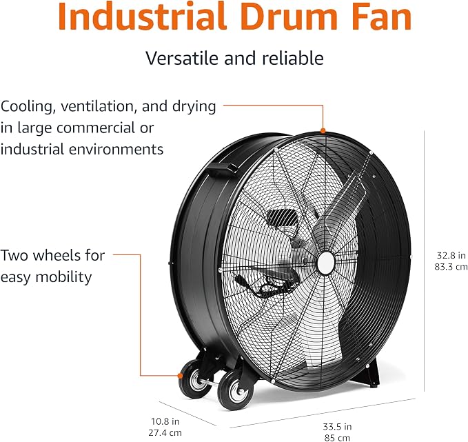 30" 300W High-Velocity Heavy-Duty Industrial Drum Fan for Cooling, Metal Housing, UL-Certified Safety Compliance, 2 Speeds