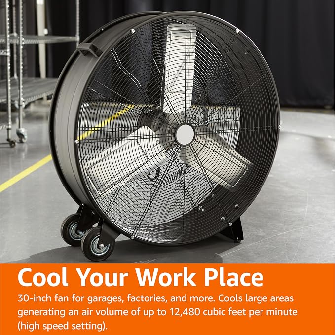 30" 300W High-Velocity Heavy-Duty Industrial Drum Fan for Cooling, Metal Housing, UL-Certified Safety Compliance, 2 Speeds