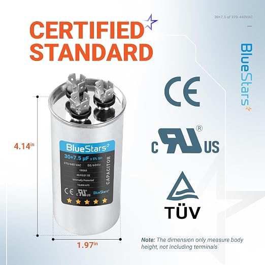 30+7.5 uF ±5% 30/7.5 MFD 370/440 VAC Dual Run Start Round Capacitor 50/60Hz 10000AFC for Condenser Straight Cool or Heat Pump