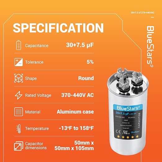 30+7.5 uF ±5% 30/7.5 MFD 370/440 VAC Dual Run Start Round Capacitor 50/60Hz 10000AFC for Condenser Straight Cool or Heat Pump