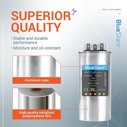 30+7.5 uF ±5% 30/7.5 MFD 370/440 VAC Dual Run Start Round Capacitor 50/60Hz 10000AFC for Condenser Straight Cool or Heat Pump