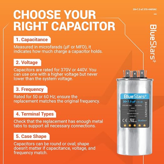 30+7.5 uF ±5% 30/7.5 MFD 370/440 VAC Dual Run Start Round Capacitor 50/60Hz 10000AFC for Condenser Straight Cool or Heat Pump