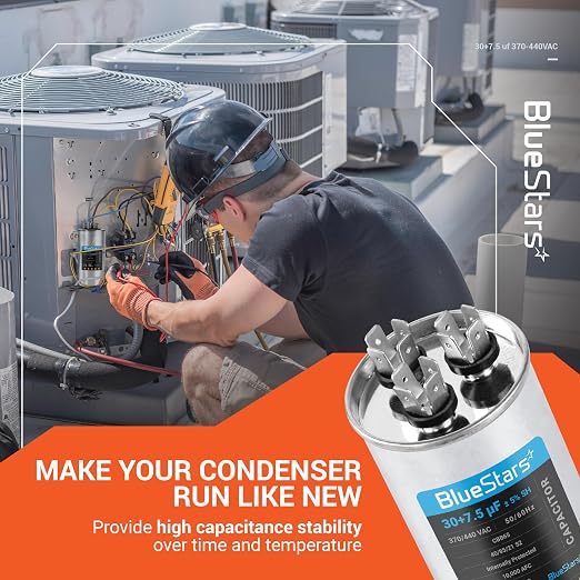 30+7.5 uF ±5% 30/7.5 MFD 370/440 VAC Dual Run Start Round Capacitor 50/60Hz 10000AFC for Condenser Straight Cool or Heat Pump