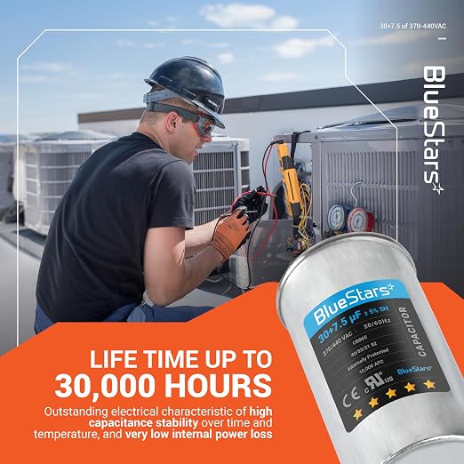 30+7.5 uF ±5% 30/7.5 MFD 370/440 VAC Dual Run Start Round Capacitor 50/60Hz 10000AFC for Condenser Straight Cool or Heat Pump