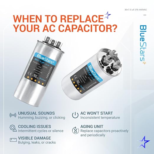 30+7.5 uF ±5% 30/7.5 MFD 370/440 VAC Dual Run Start Round Capacitor 50/60Hz 10000AFC for Condenser Straight Cool or Heat Pump