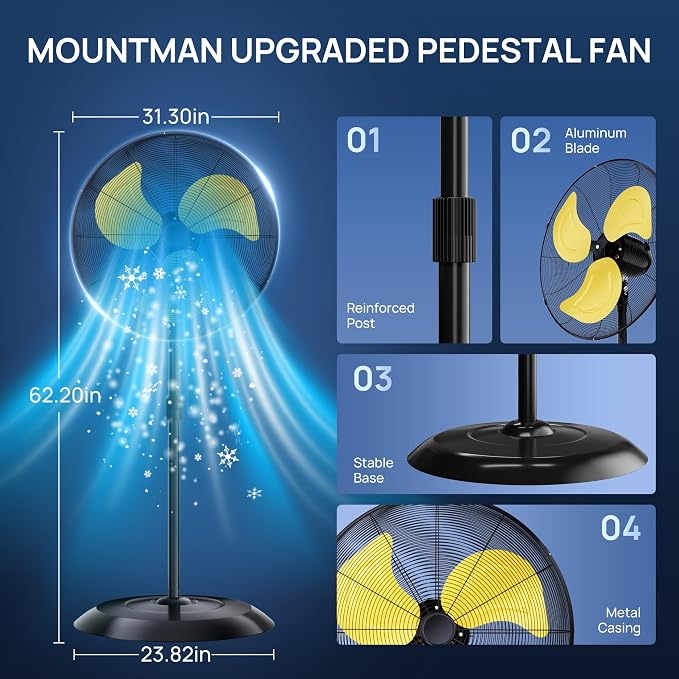 30" High Velocity Outdoor Pedestal Fan Oscillating, 9600CFM Industrial Standing Fan Heavy Duty, 3-Speed, Adjustable Height
