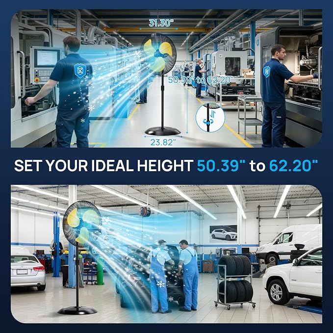 30" High Velocity Outdoor Pedestal Fan Oscillating, 9600CFM Industrial Standing Fan Heavy Duty, 3-Speed, Adjustable Height
