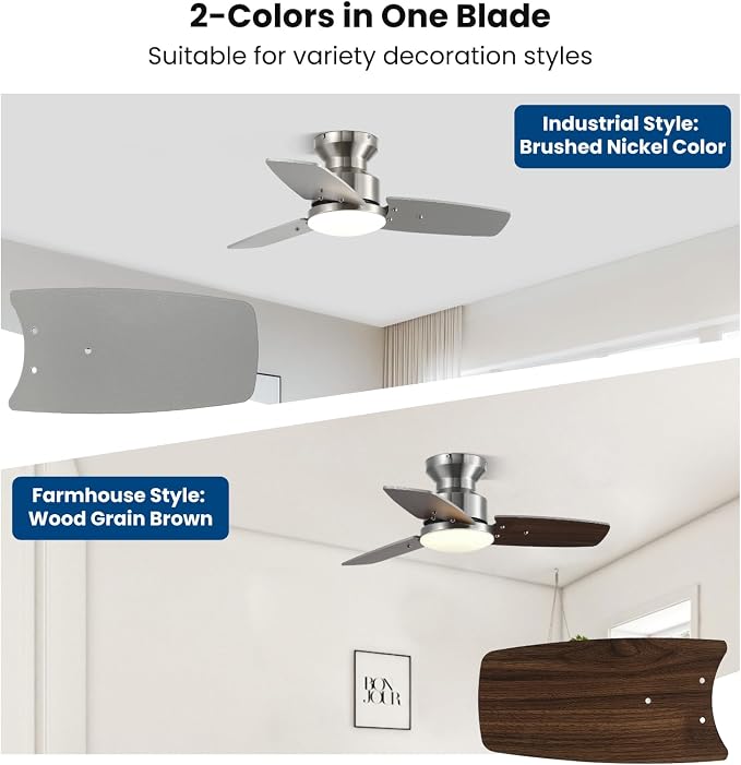30 Inch Ceiling Fans with Lights and Remote, Bedroom Living Room Office, Flush Mount, 3CCT Dimmable, Dual Color, alternate