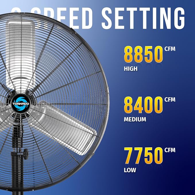 30 Inch Commercial Industrial 3 Aluminum Blade Stationary Pedestal Oscillating Fan, High Velocity 8500 CFM, UL Safety Listed