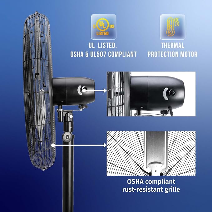 30 Inch Commercial Industrial 3 Aluminum Blade Stationary Pedestal Oscillating Fan, High Velocity 8500 CFM, UL Safety Listed