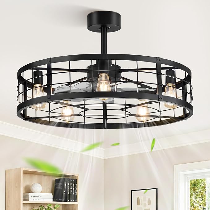 30 inch Fandelier Caged Ceiling Fan with Light, Bladeless Ceiling Fan with Remote, Farmhouse Fan Lights Ceiling Fixtures for