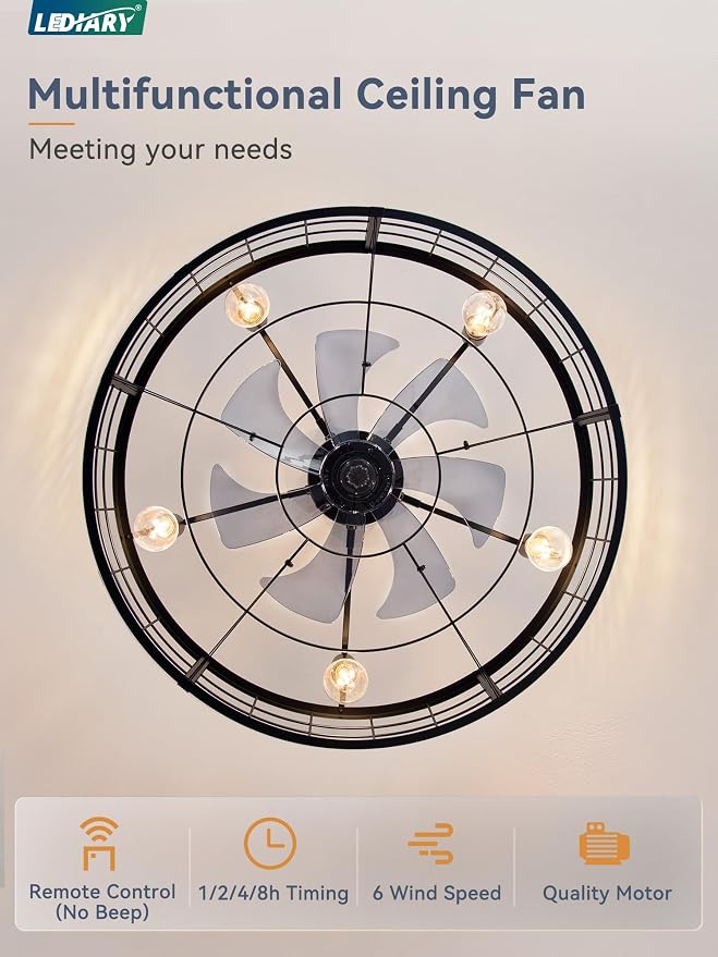 30 inch Fandelier Caged Ceiling Fan with Light, Bladeless Ceiling Fan with Remote, Farmhouse Fan Lights Ceiling Fixtures for