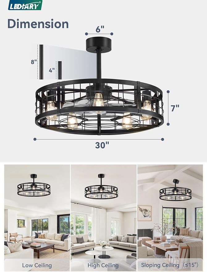 30 inch Fandelier Caged Ceiling Fan with Light, Bladeless Ceiling Fan with Remote, Farmhouse Fan Lights Ceiling Fixtures for