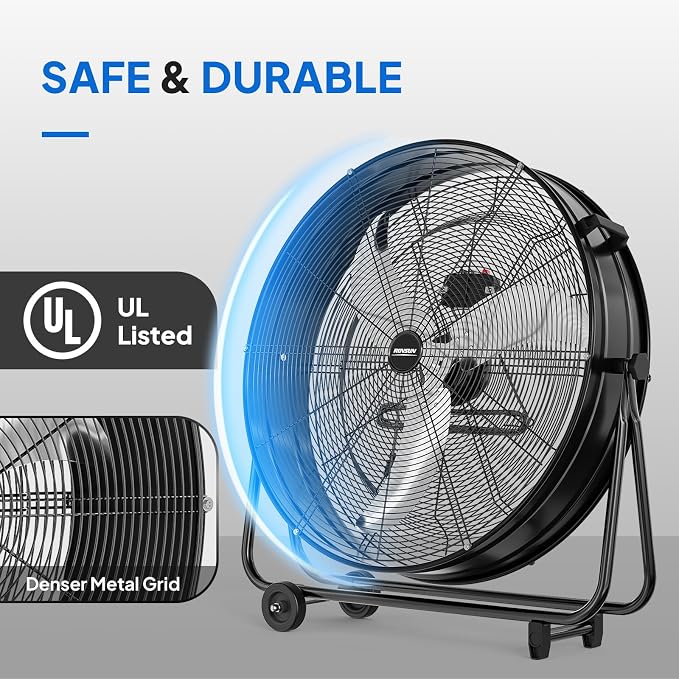 30 Inch High Velocity Drum Fan, 13000CFM Industrial Metal Floor Fan with Handle, Heavy Duty, 3-Speed, 360° Tilt, Air