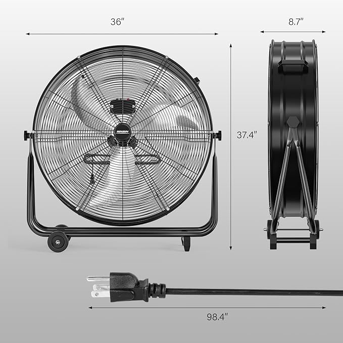 30 Inch High Velocity Drum Fan, 13000CFM Industrial Metal Floor Fan with Handle, Heavy Duty, 3-Speed, 360° Tilt, Air