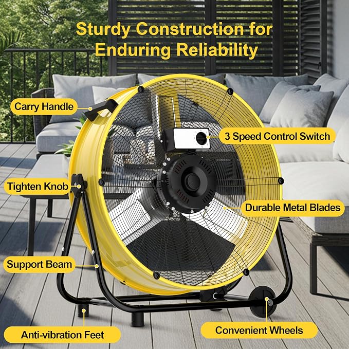 30 Inch High Velocity Floor Fan, 14000CFM Heavy Duty Industrial Drum Fan with 3 Speeds, 360° Tilt Metal Garage Fan with