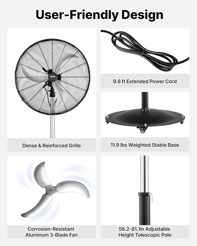 30-Inch High Velocity Pedestal Fan, 9100 CFM Industrial Standing Floor Fan with 85° Oscillating, 3-Speed Adjustable Height