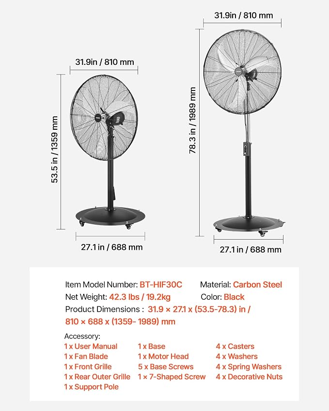 30-Inch High Velocity Pedestal Fan, 9100 CFM Industrial Standing Floor Fan with 85° Oscillating, 3-Speed Adjustable Height