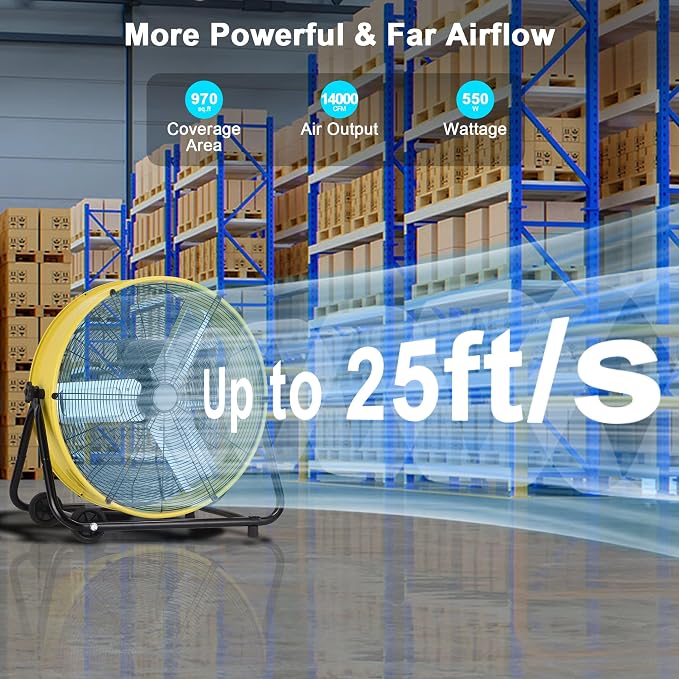 30 Inch Industrial Drum Fan, 14000 CFM High Velocity Floor Fan, Heavy Duty, 3-Speed, 360° Fully Adjustable Tilt, Portable
