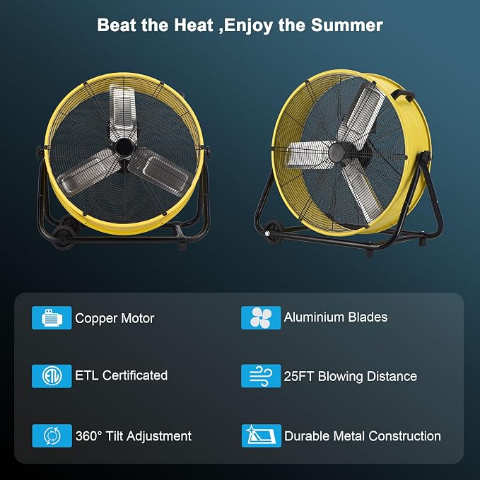 30 Inch Industrial Drum Fan, 14000 CFM High Velocity Floor Fan, Heavy Duty, 3-Speed, 360° Fully Adjustable Tilt, Portable