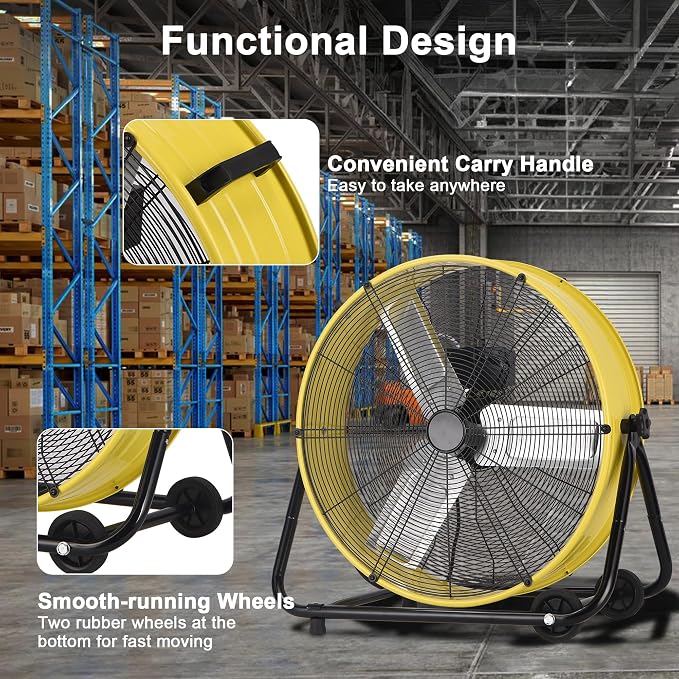 30 Inch Industrial Drum Fan, 14000 CFM High Velocity Floor Fan, Heavy Duty, 3-Speed, 360° Fully Adjustable Tilt, Portable