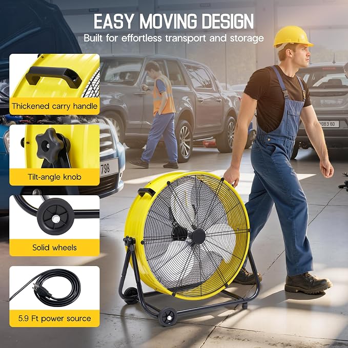 30 Inch Industrial Floor Fan, High Velocity 3-Speed Drum Fan with Wheels, Heavy Duty Metal Shop Fan for Warehouse, Workshop