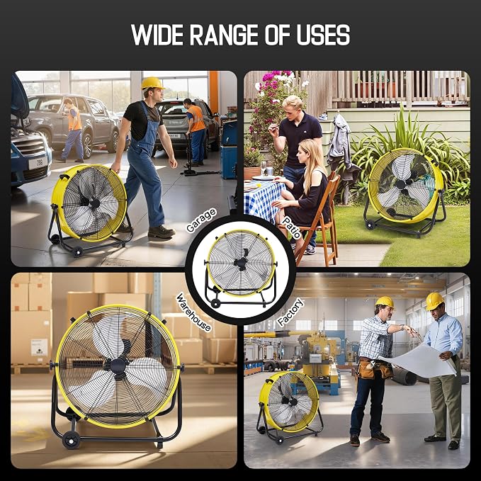 30 Inch Industrial Floor Fan, High Velocity 3-Speed Drum Fan with Wheels, Heavy Duty Metal Shop Fan for Warehouse, Workshop