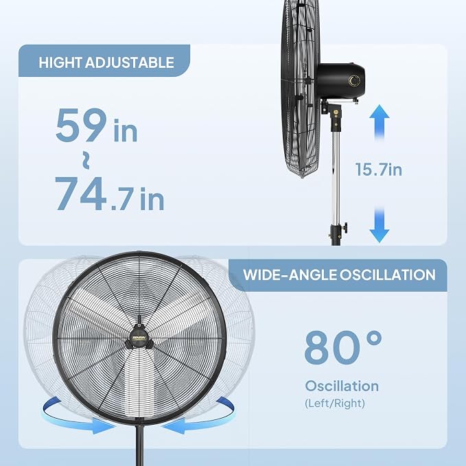 30 Inch Industrial Pedestal Fan,8600CFM High Velocity and Heavy Duty Standing Fan, Metal Fan with One-touch Oscillating