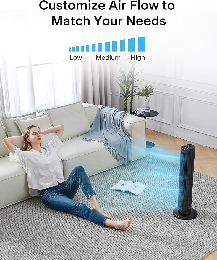 30 Inch Oscillating Tower Fan with 3 Speed Settings and Auto-off Timer, Standing Fan PFT28A2BBB, Black, medium 30 Inch Black