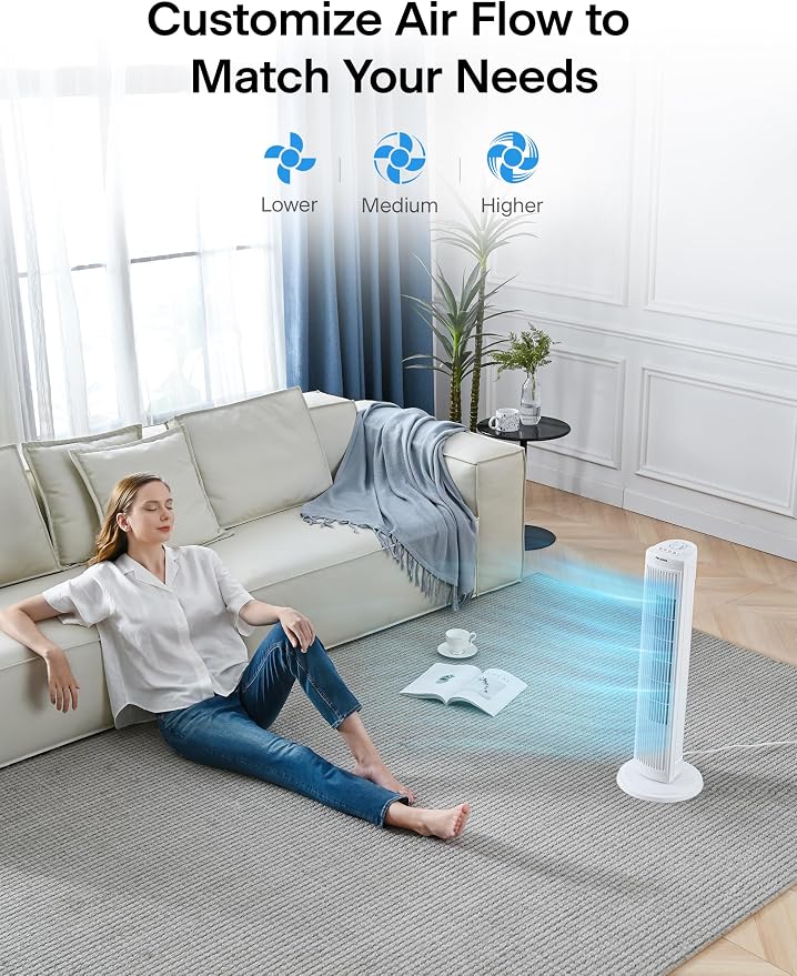 30 Inch Oscillating Tower Fan with 3 Speed Settings and Auto-off Timer, Standing Fan PFT28A2BWW, White, alternate product
