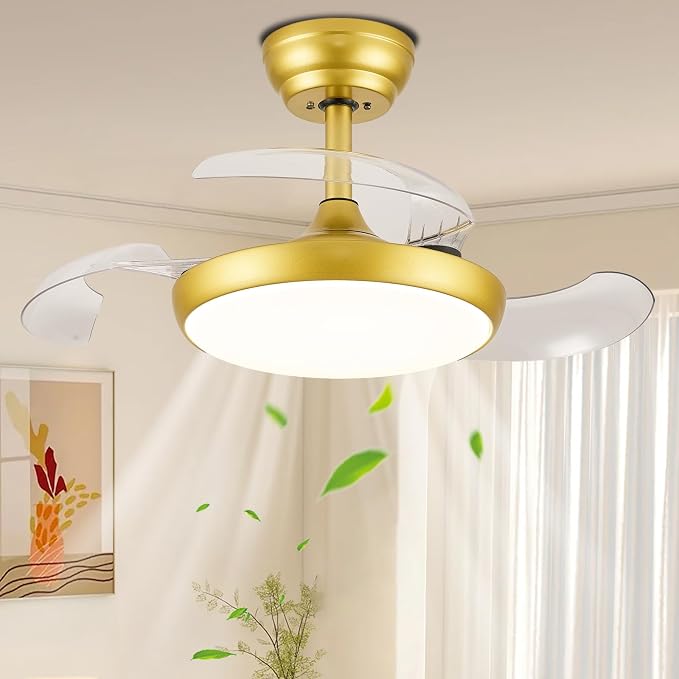 30 Inch Retractable Ceiling Fan with Lights Remote Control, Dimmable Gold Fandelier Ceiling Fan with Light, 6-Speed, Silent
