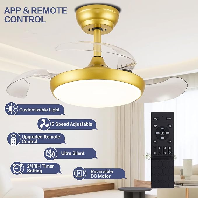 30 Inch Retractable Ceiling Fan with Lights Remote Control, Dimmable Gold Fandelier Ceiling Fan with Light, 6-Speed, Silent