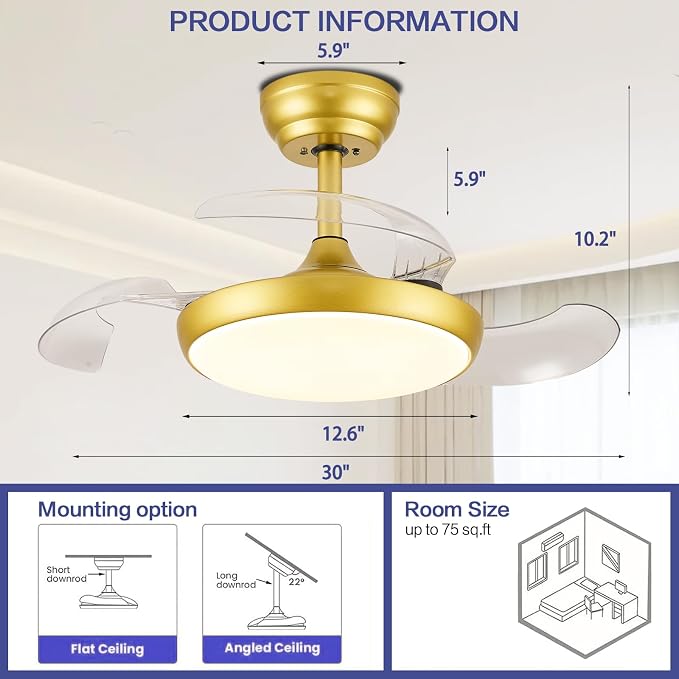 30 Inch Retractable Ceiling Fan with Lights Remote Control, Dimmable Gold Fandelier Ceiling Fan with Light, 6-Speed, Silent