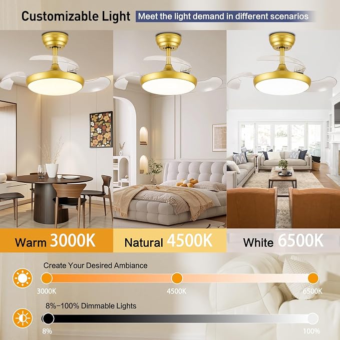 30 Inch Retractable Ceiling Fan with Lights Remote Control, Dimmable Gold Fandelier Ceiling Fan with Light, 6-Speed, Silent