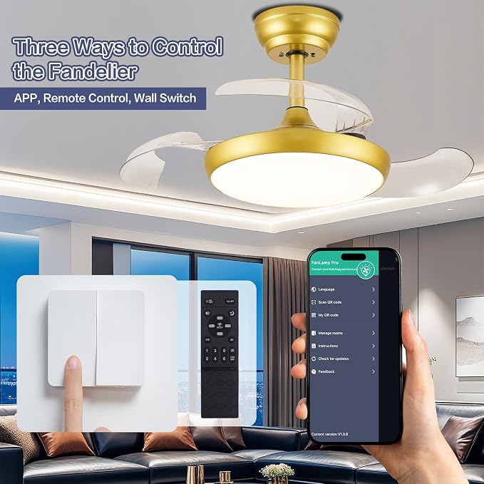 30 Inch Retractable Ceiling Fan with Lights Remote Control, Dimmable Gold Fandelier Ceiling Fan with Light, 6-Speed, Silent