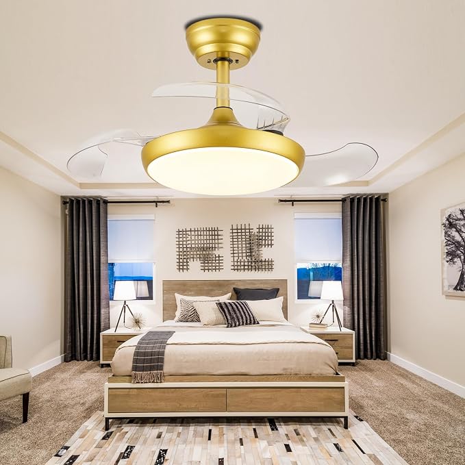 30 Inch Retractable Ceiling Fan with Lights Remote Control, Dimmable Gold Fandelier Ceiling Fan with Light, 6-Speed, Silent