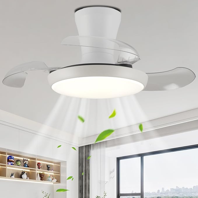 30 Inch Retractable Fandelier Ceiling Fan with Light and Remote, White Chandelier Ceiling Fan with Dimmable Light, 6-Speed