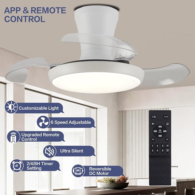 30 Inch Retractable Fandelier Ceiling Fan with Light and Remote, White Chandelier Ceiling Fan with Dimmable Light, 6-Speed