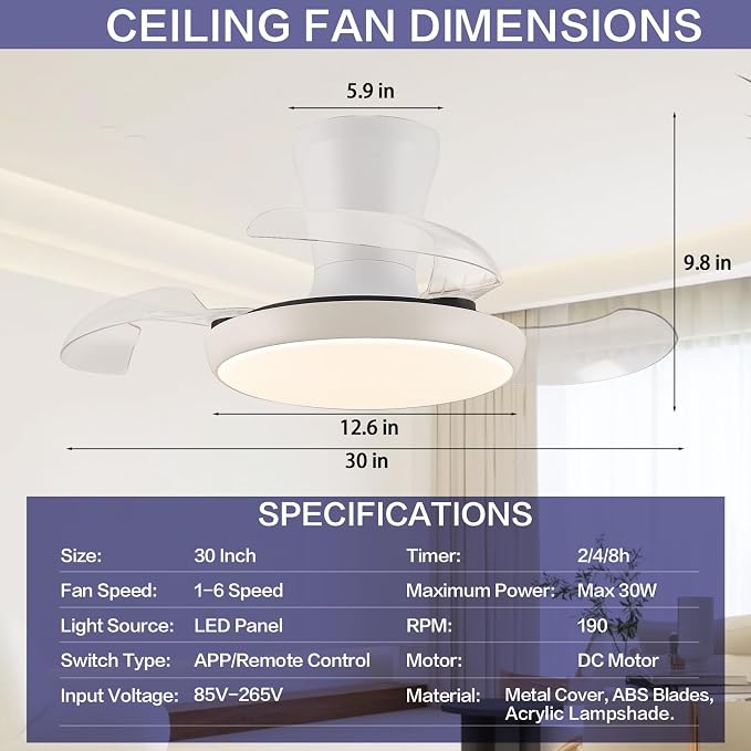 30 Inch Retractable Fandelier Ceiling Fan with Light and Remote, White Chandelier Ceiling Fan with Dimmable Light, 6-Speed