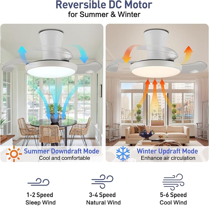 30 Inch Retractable Fandelier Ceiling Fan with Light and Remote, White Chandelier Ceiling Fan with Dimmable Light, 6-Speed