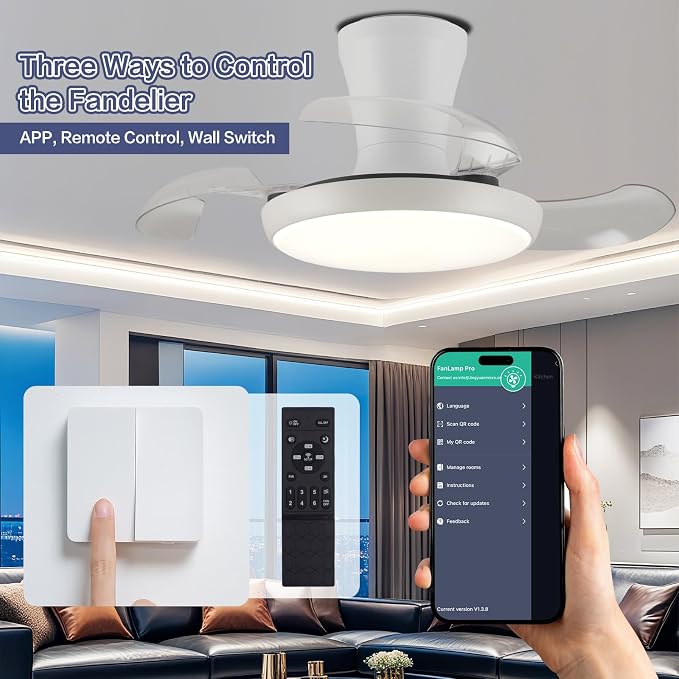 30 Inch Retractable Fandelier Ceiling Fan with Light and Remote, White Chandelier Ceiling Fan with Dimmable Light, 6-Speed