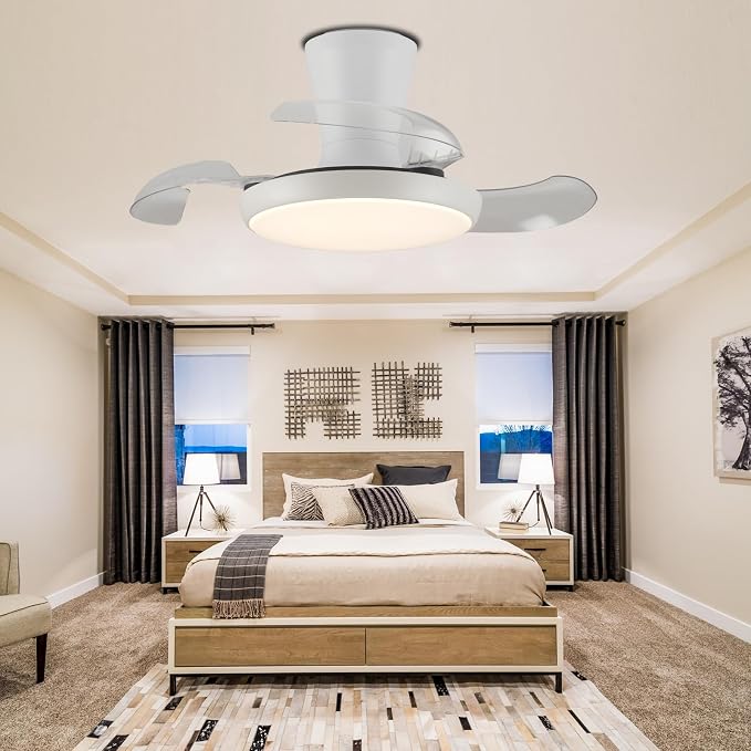 30 Inch Retractable Fandelier Ceiling Fan with Light and Remote, White Chandelier Ceiling Fan with Dimmable Light, 6-Speed