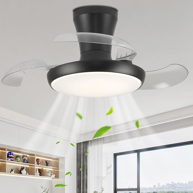 30 Inch Retractable Fandelier Ceiling Fan with Light and Remote, Black Chandelier Ceiling Fan with Dimmable Light, 6-Speed