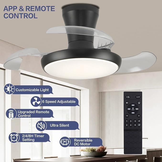 30 Inch Retractable Fandelier Ceiling Fan with Light and Remote, Black Chandelier Ceiling Fan with Dimmable Light, 6-Speed